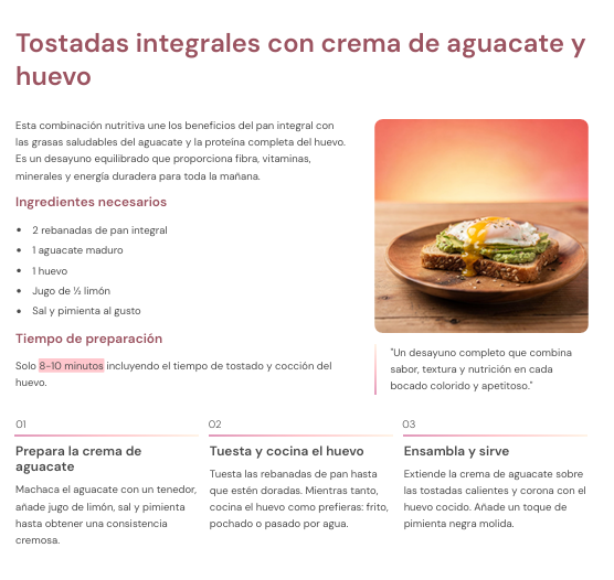 Ejemplo de página de desayunos